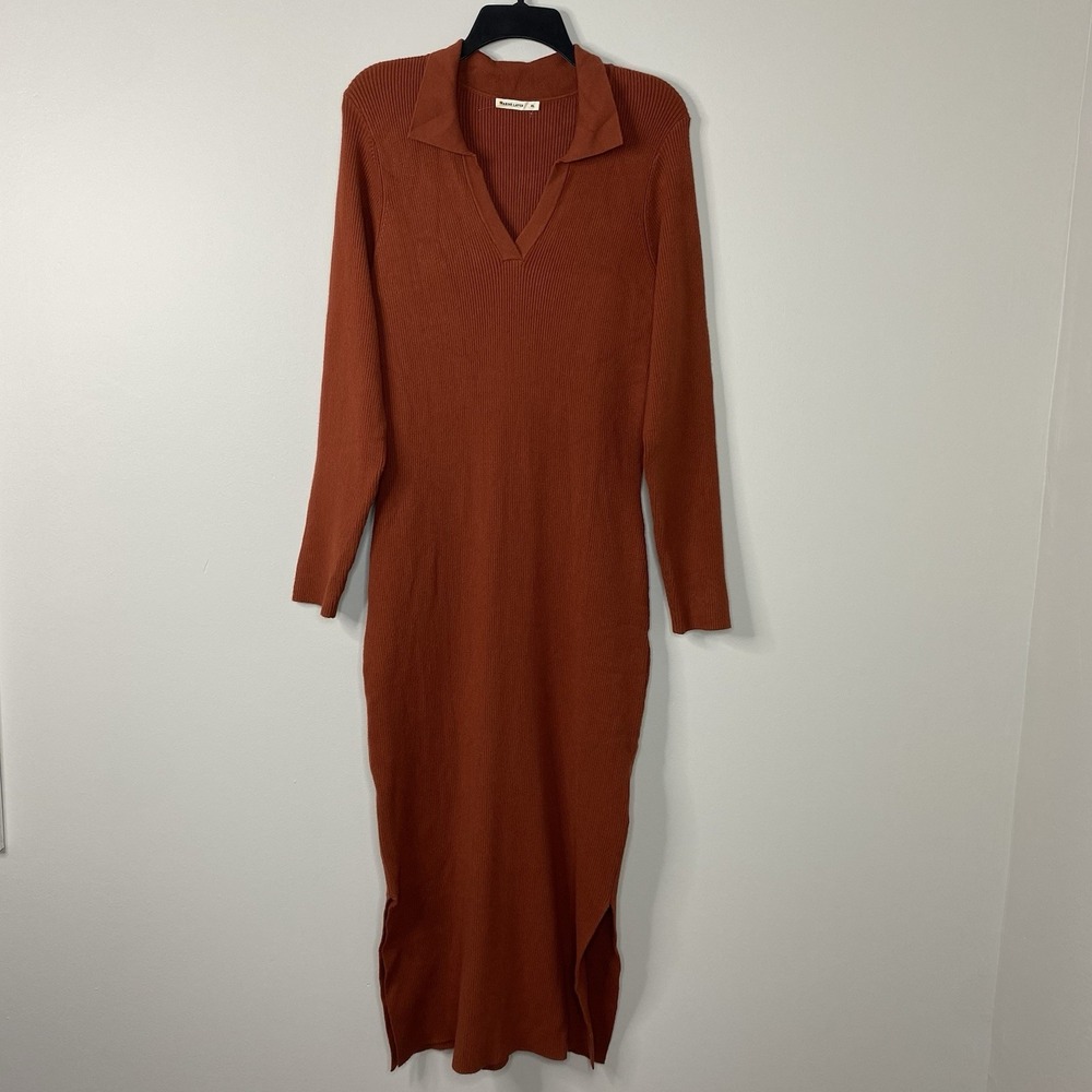 Marine Layer Lexi Ribbed Knit Long Sleeve Polo Midi Dress Women's XL Burnt Henna - Picture 4 of 16